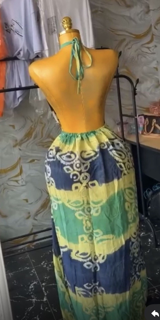 Women’s One Size Tie Dye Halter Backless Tie Maxi Dress Green Yellow Blue