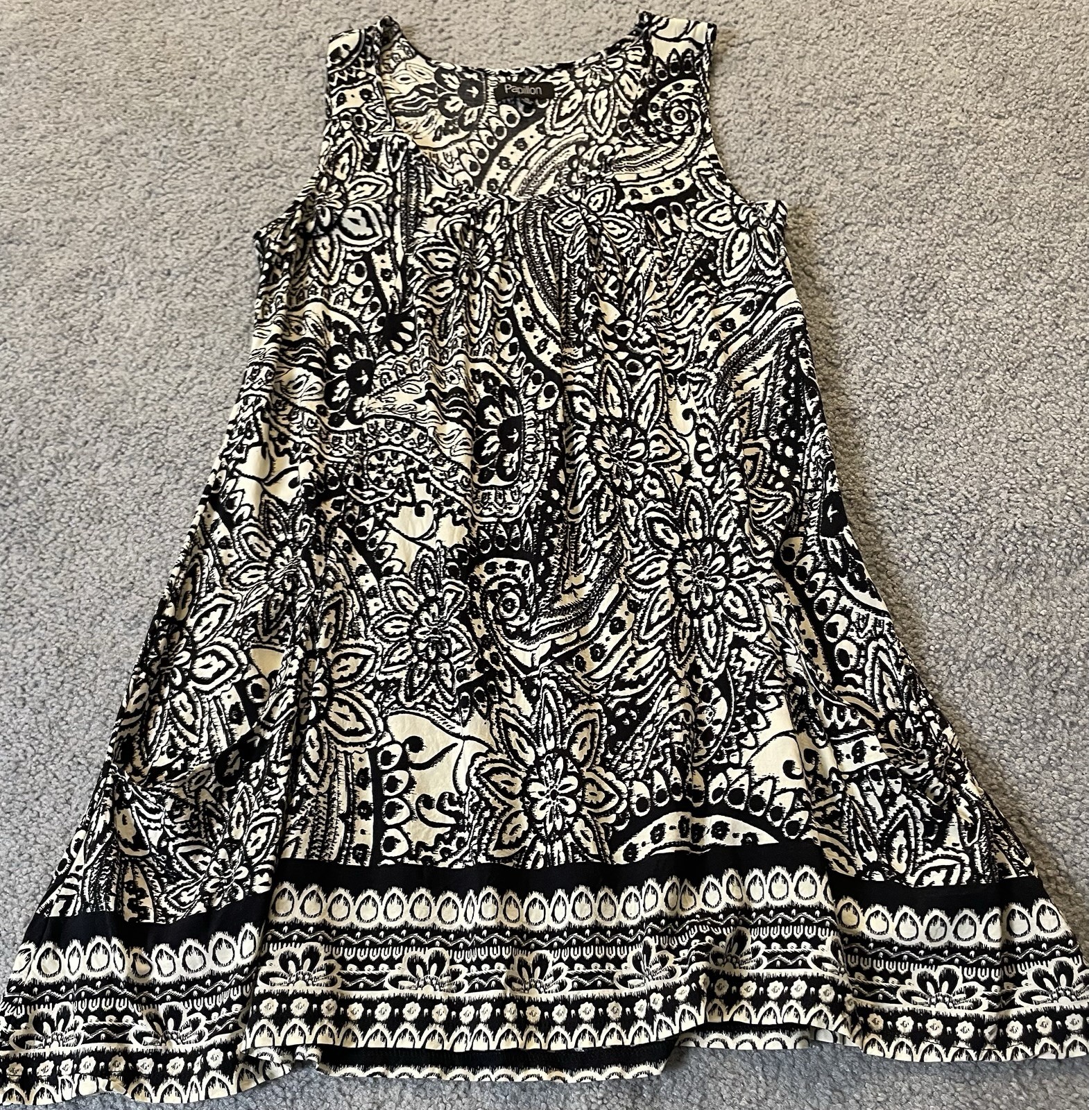 Papillon Floral Swing Mini Dress Sz L Gray Ivory Paisley Pockets Boho City Beach