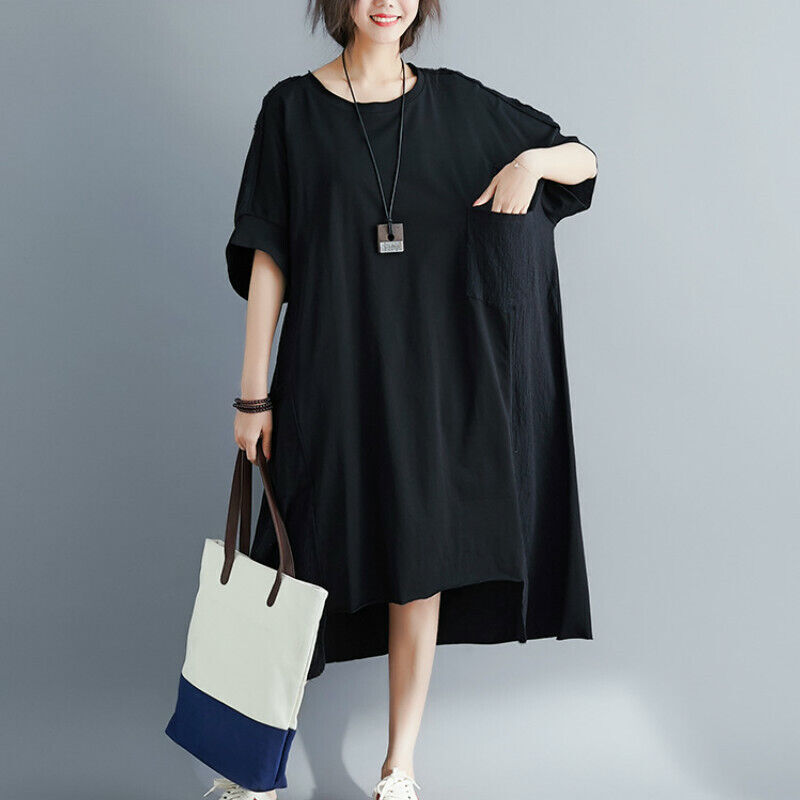 Women Cotton Linen Long T-Shirt Top Dress Loose Baggy Casual Short Sleeve