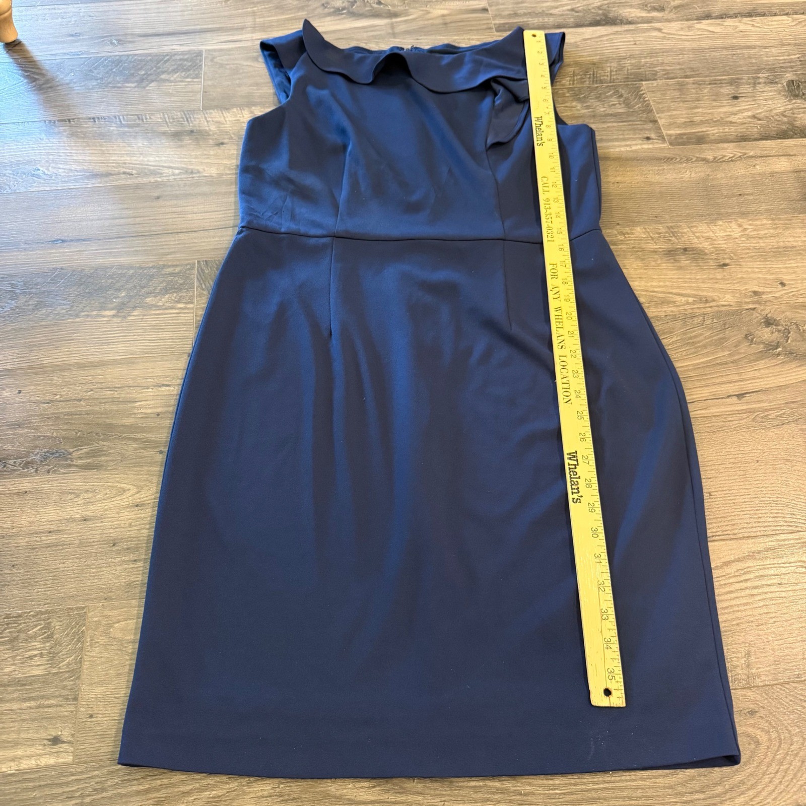 Nine West Navy Blue Ruffle Neck Sleeveless Sheath Dress Size 12 Career Cocktail
