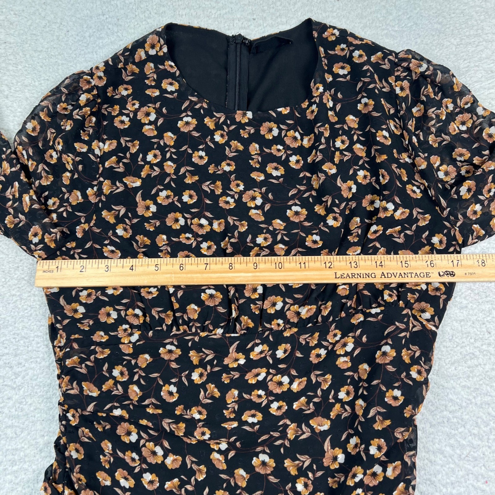 Storia Floral Print Long Sleeve Mini Dress Large Black Brown Ruched Ruffle