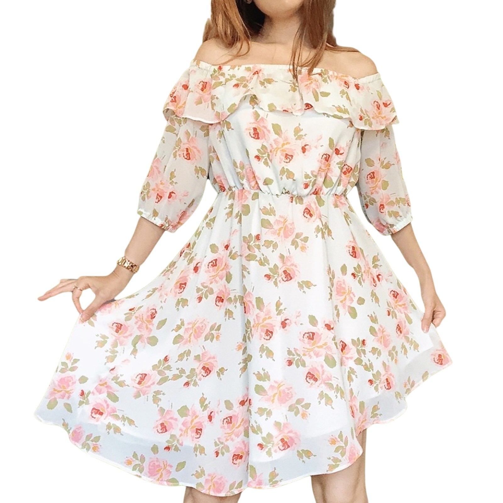 Free Press Pastel Floral Ruffle Chiffon Off-Shoulder Dress Cottagecore XS EUC