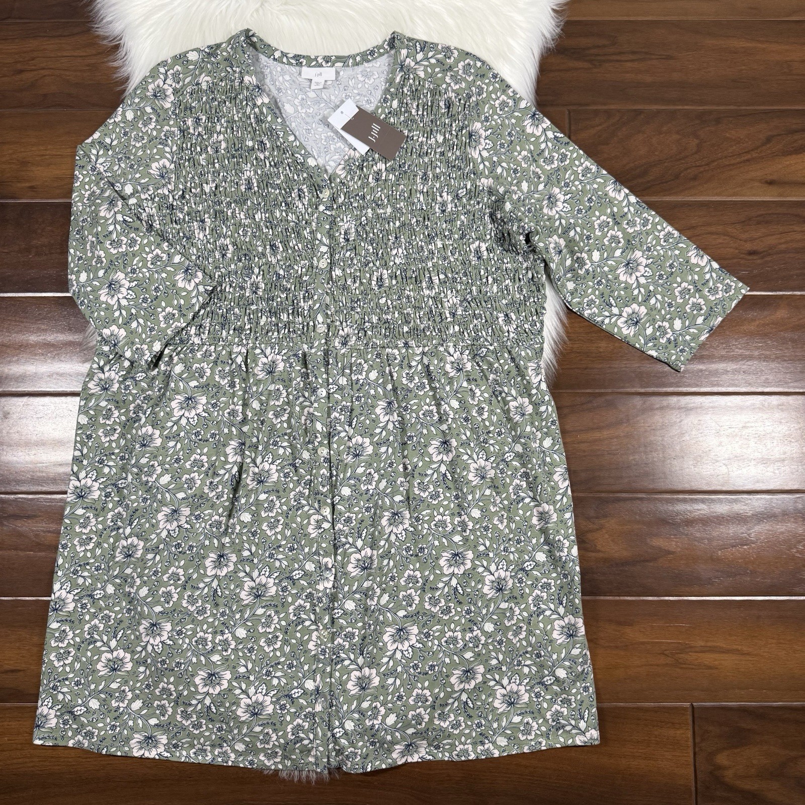 J. Jill Women’s Size Petite XL XLP Green Floral Smocked Button Front Knit Dress