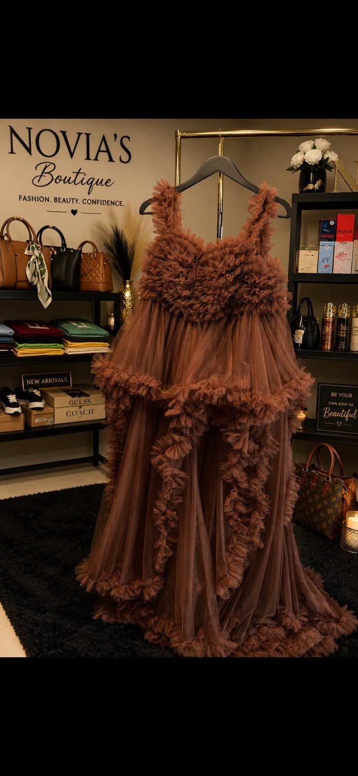 Women’s Brown Tulle Ruffle Layered Maxi Gown Sleeveless Straps One Size