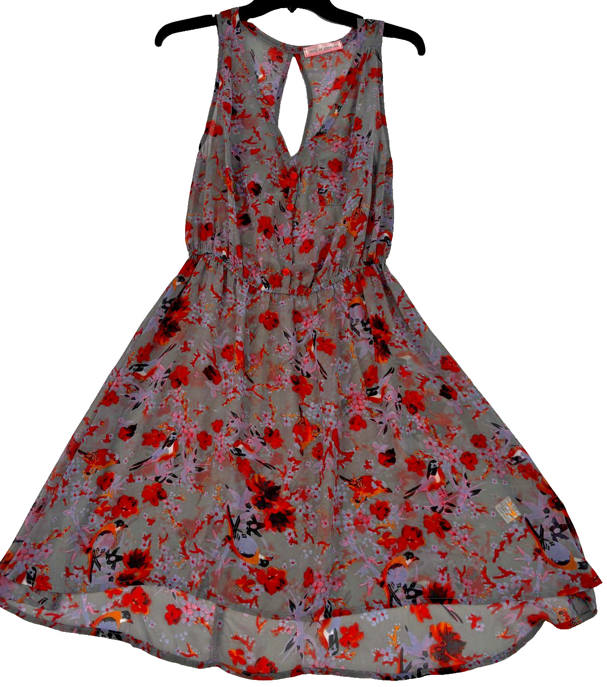Band of Gypsies Floral Sleeveless Dress Gray Red Orange Bird Print Women’s Size