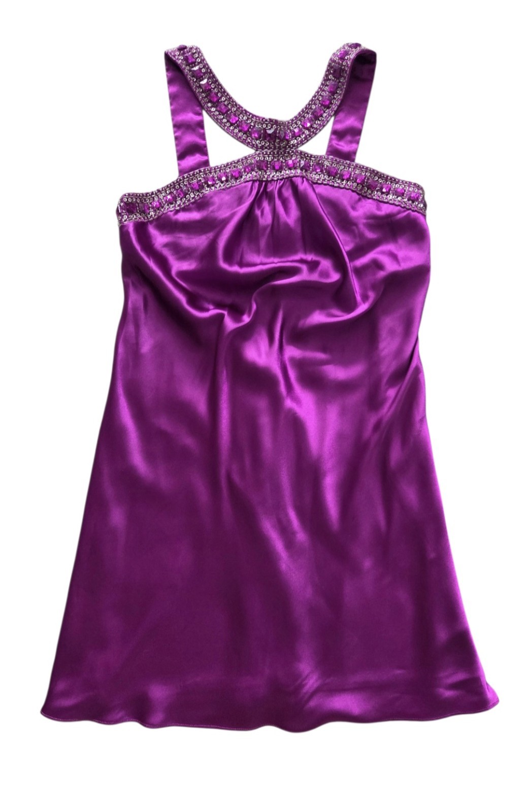 Jump Apparel Y2K Purple Satin Beaded Rhinestone Mini Dress XS Fairy Party NEW