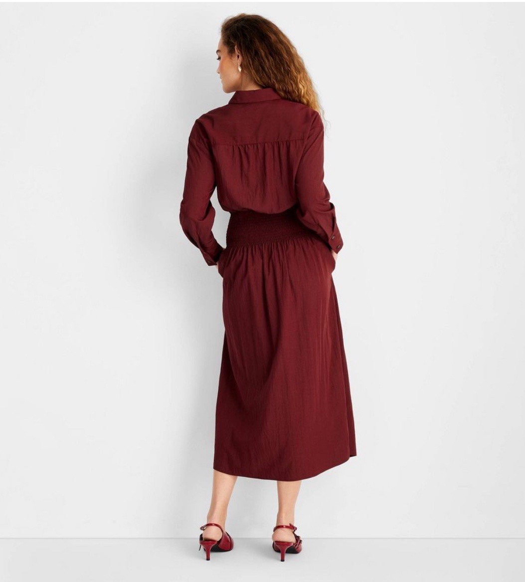 Women’s Collared Long Sleeve Smocked Midi Shirtdress – Future Collective Sz S