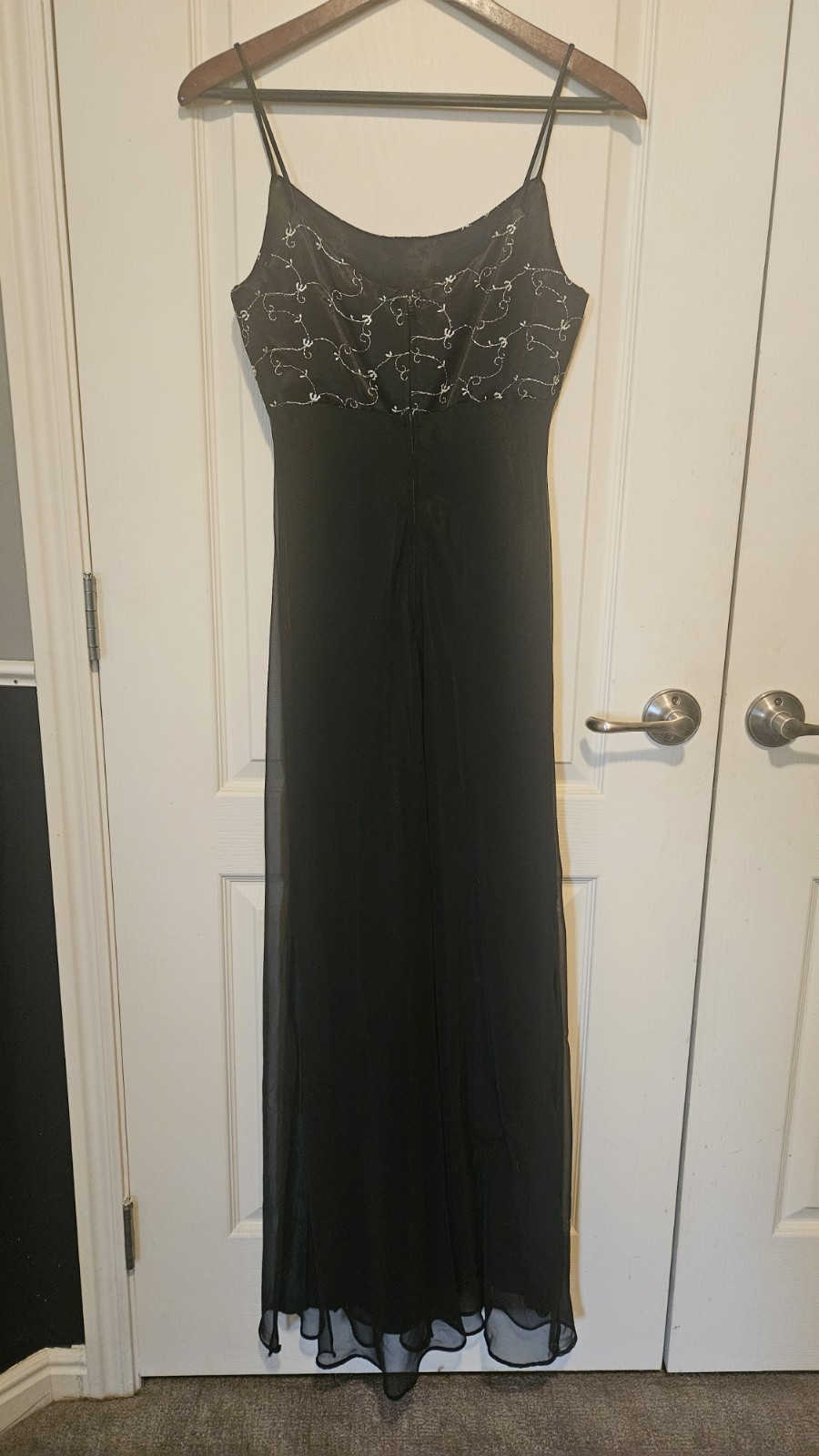 Vintage 90s Fiesta Black Beaded Chiffon Prom Dress Medium Y2K Spaghetti Strap
