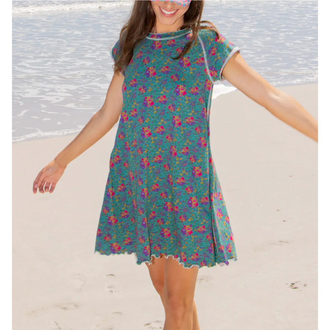 NWOT NATURAL LIFE Turquoise Floral Medallions Lily Knit Cotton Tee Dress Sz XL