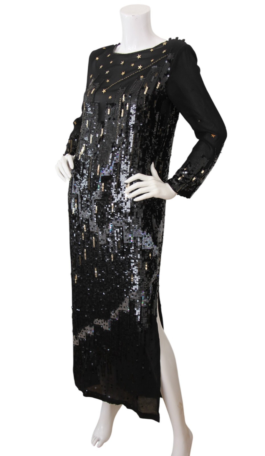 Vintage Tadashi Dress Sequin Beaded Silk Skyline Star Applique Gown Size 8 RARE