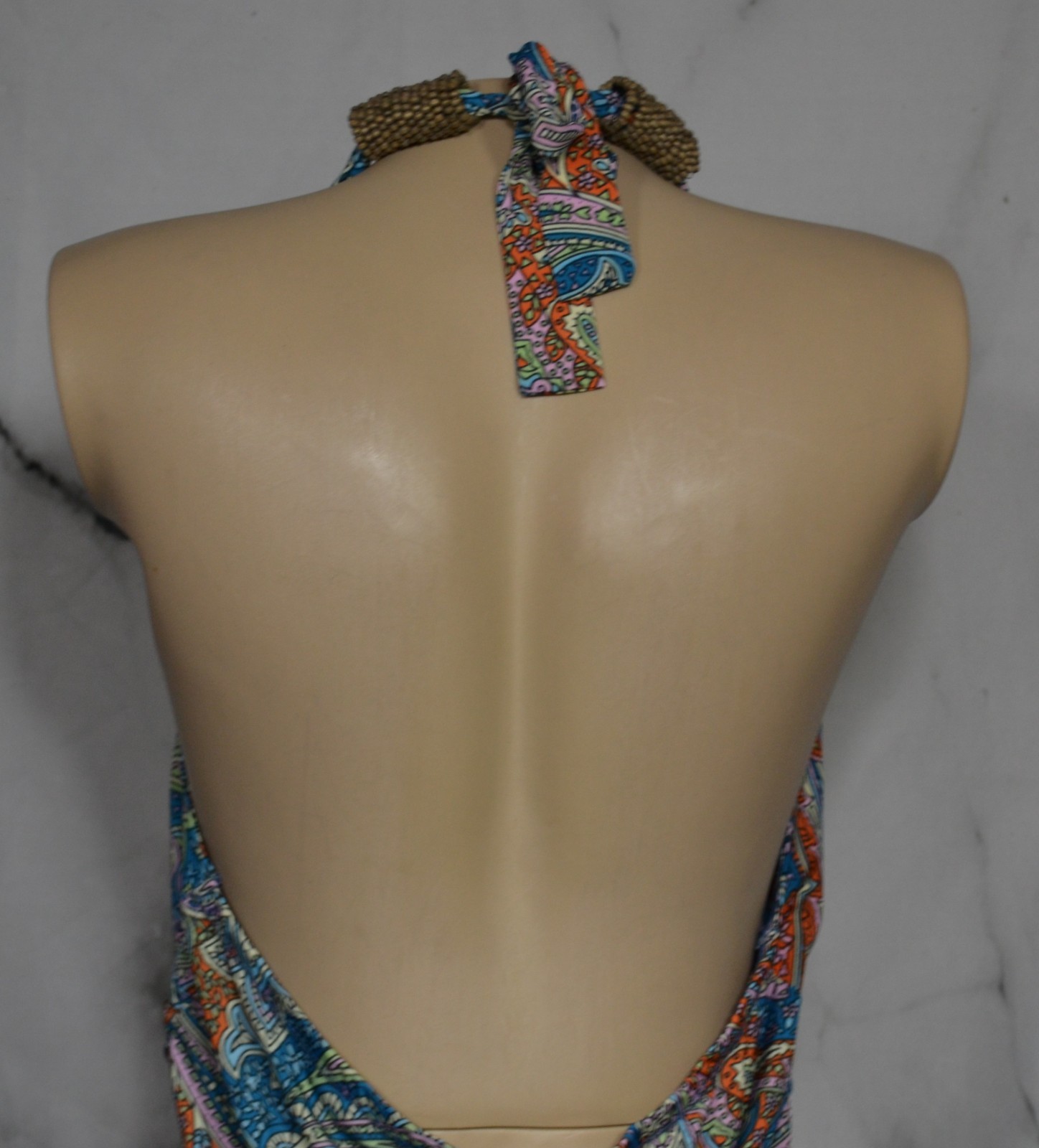 TALIA Teal Orange Lavender Paisley Halter Dress Large Padded Bust Beaded Accent