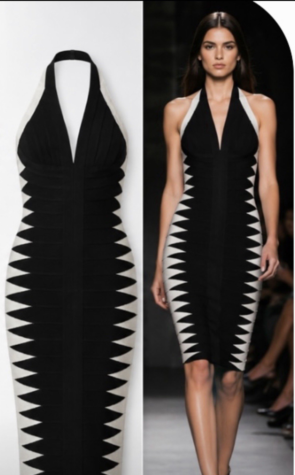 Herve Leger XS Black/White Striped Bandage Halter Sleeveless Zip Bodycon