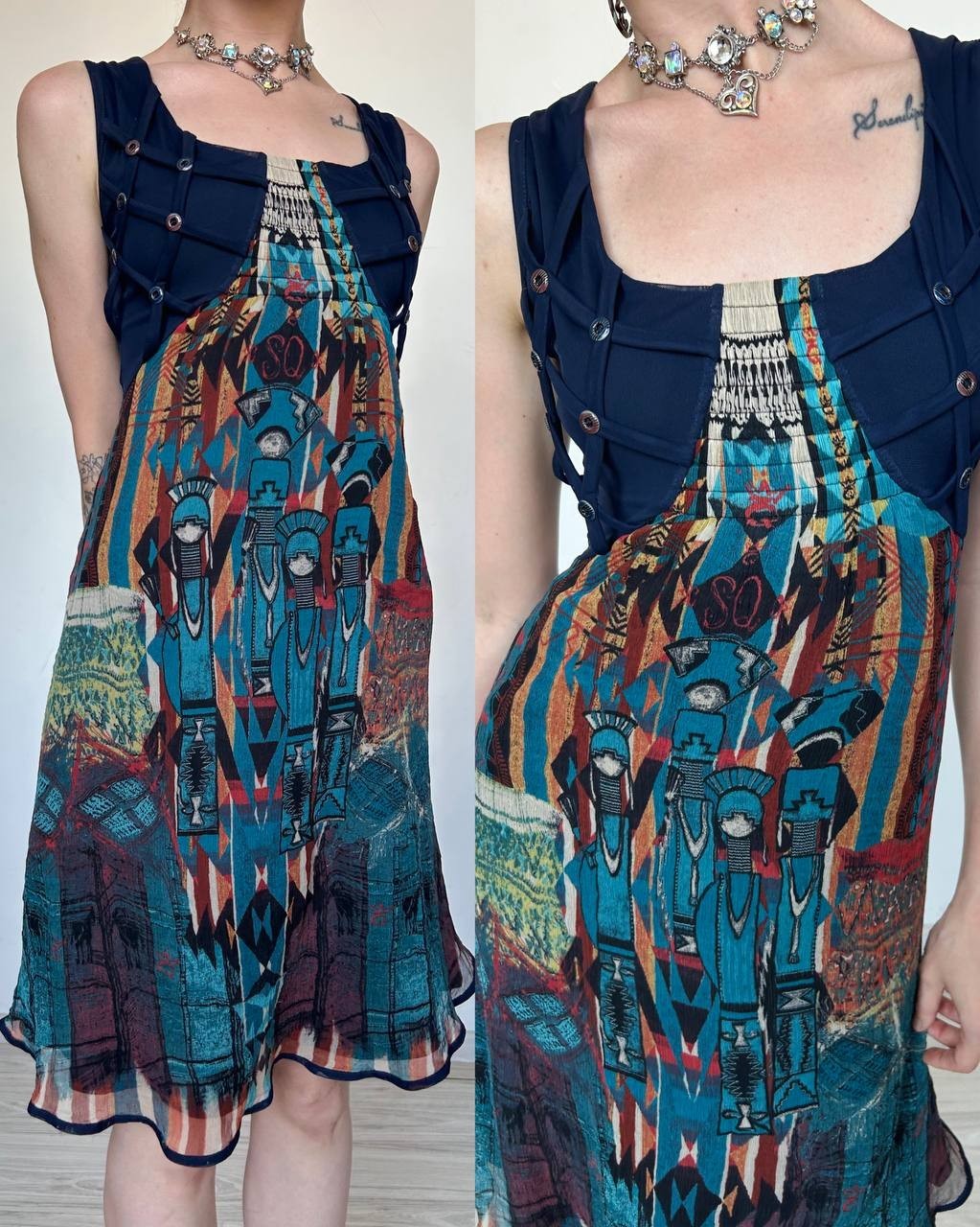 Vintage Save The Queen Midi Dress Y2K Abstract Tribal Art Print Size S