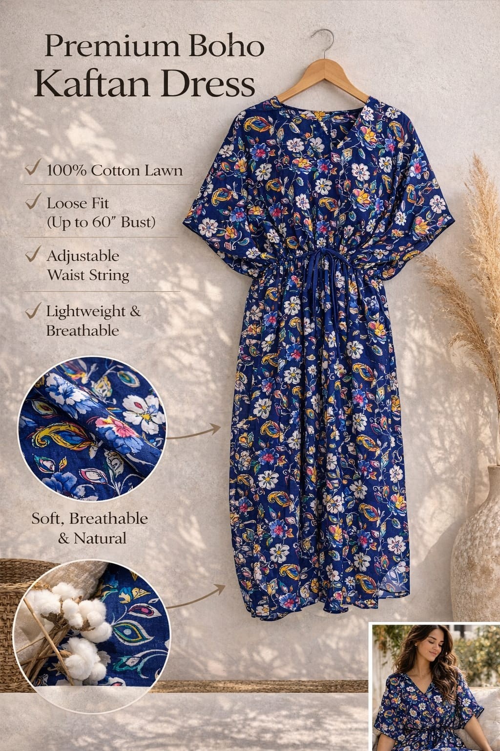 Indian Hand made Cotton Kaftan Dress Floral Print for Women All Season Caftan