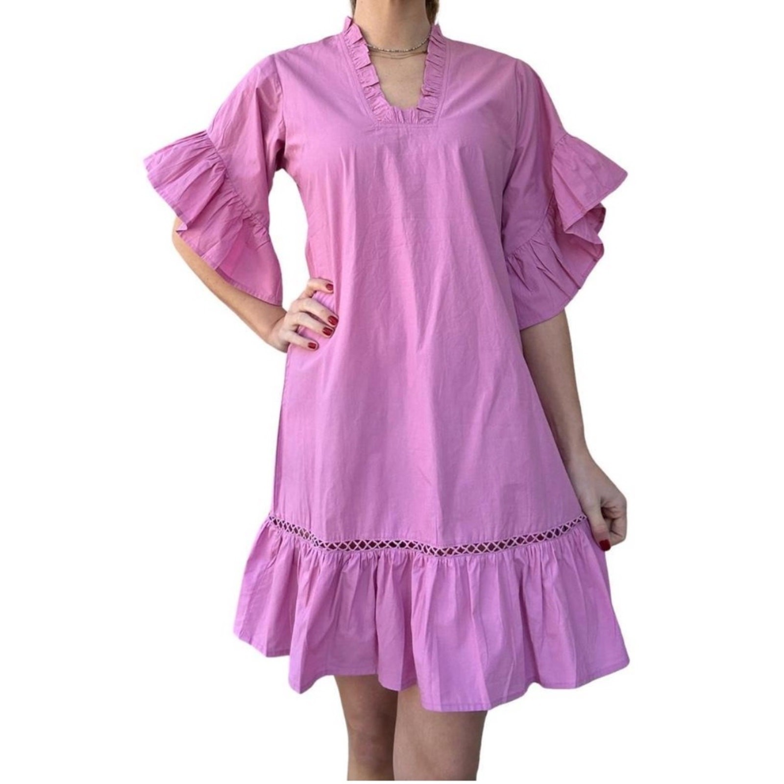 Fitzroy & Willa Dress Soleil Mini Ruffle Sleeve in Azalea Purple Pink