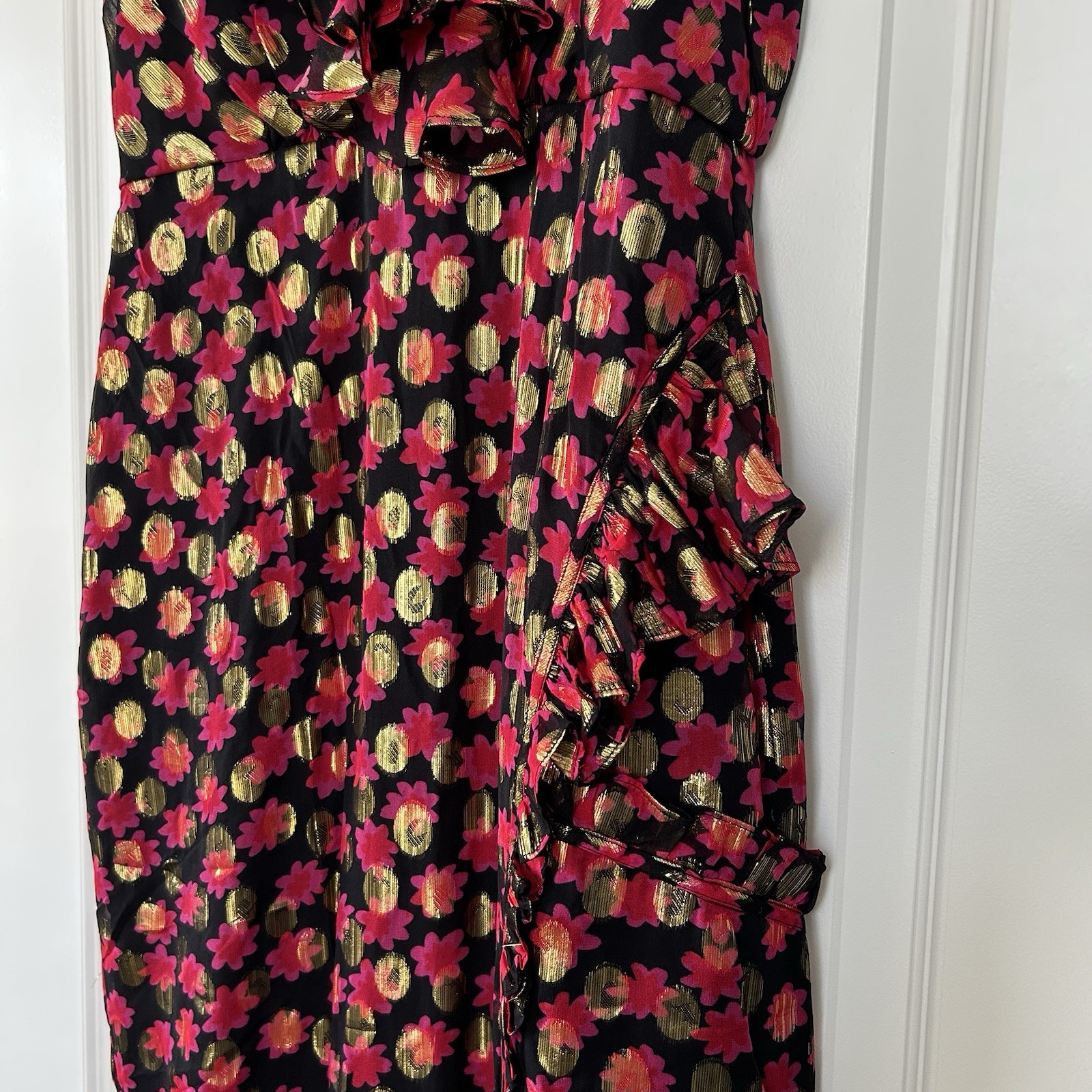 SALONI ANITA Ruffled Fil Coupe Chiffon Midi Dress 6 Silk Blend Cocktail Evening