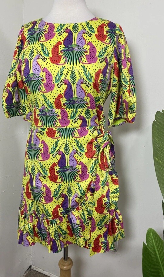 Emily McCarthy Poppy Peekaboo Caftan Dress Neon Leopards Cats Women’s XS