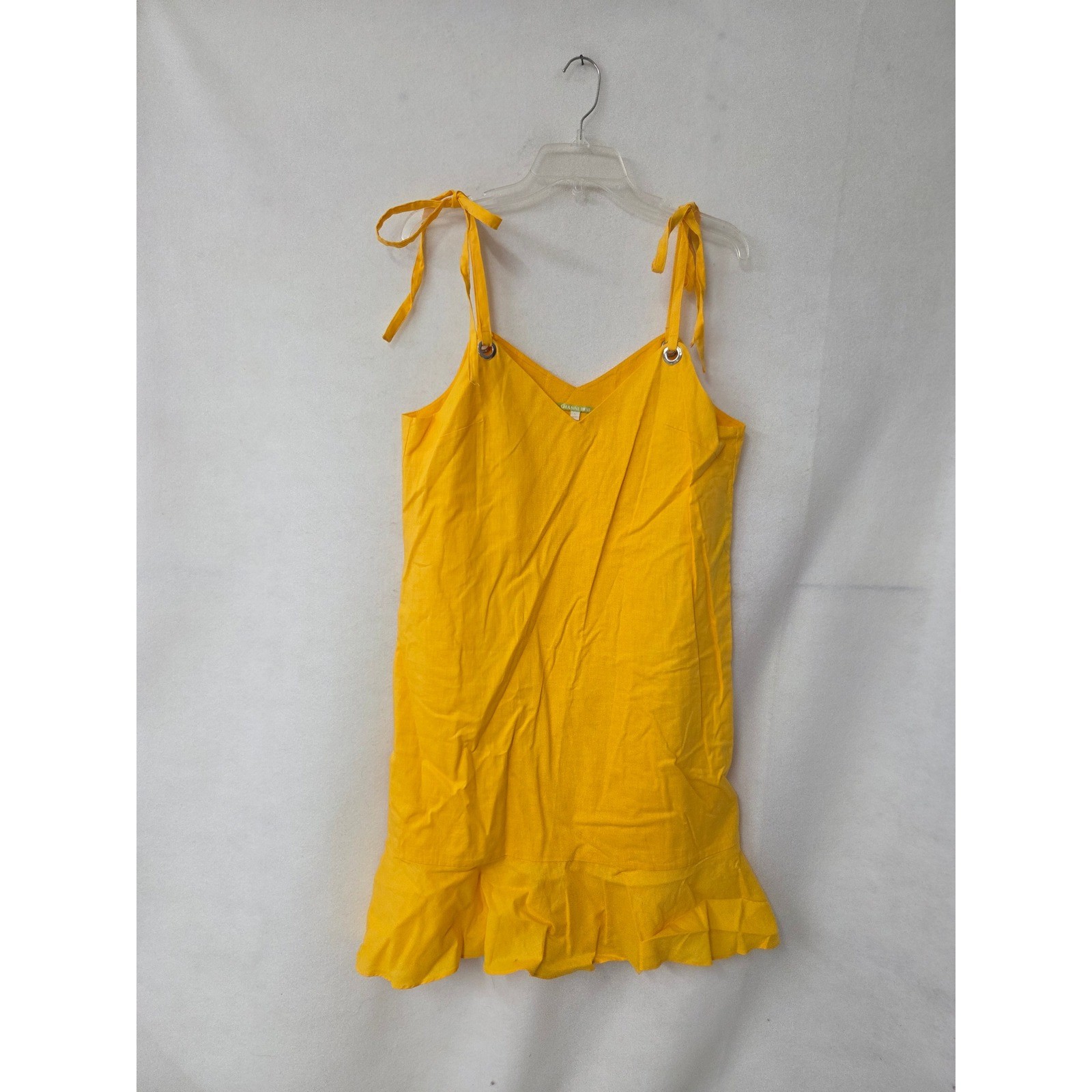 Gianni Bini Nancy Tie Sleeve Dress Womens L Citrus Yellow Linen Blend Ruffle Hem