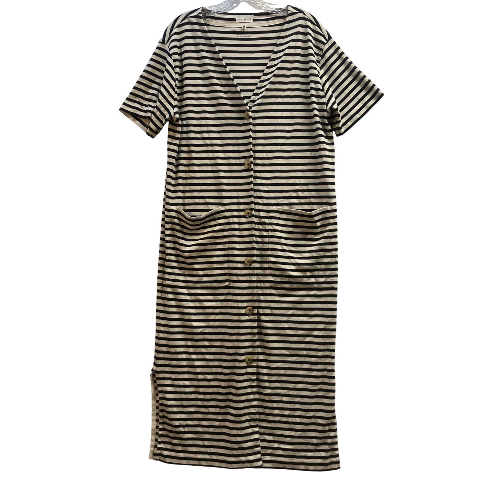 Lou & Grey Striped Organic Cotton Button Front Dress Duster Black Cream Womens L