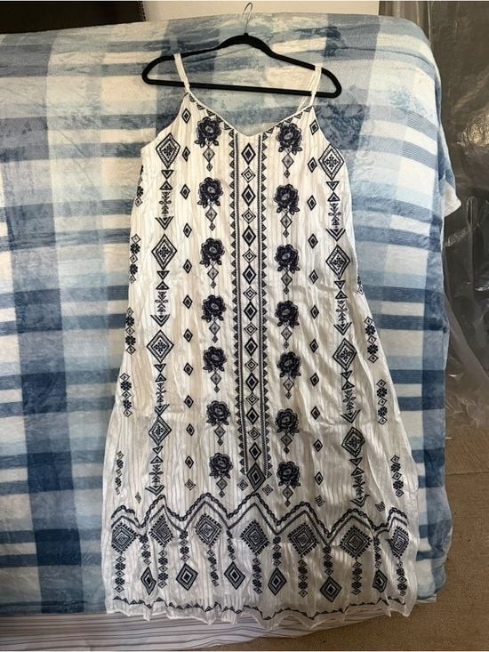 Savanna Jane White Dress with Navy Blue Embroidered Pattern