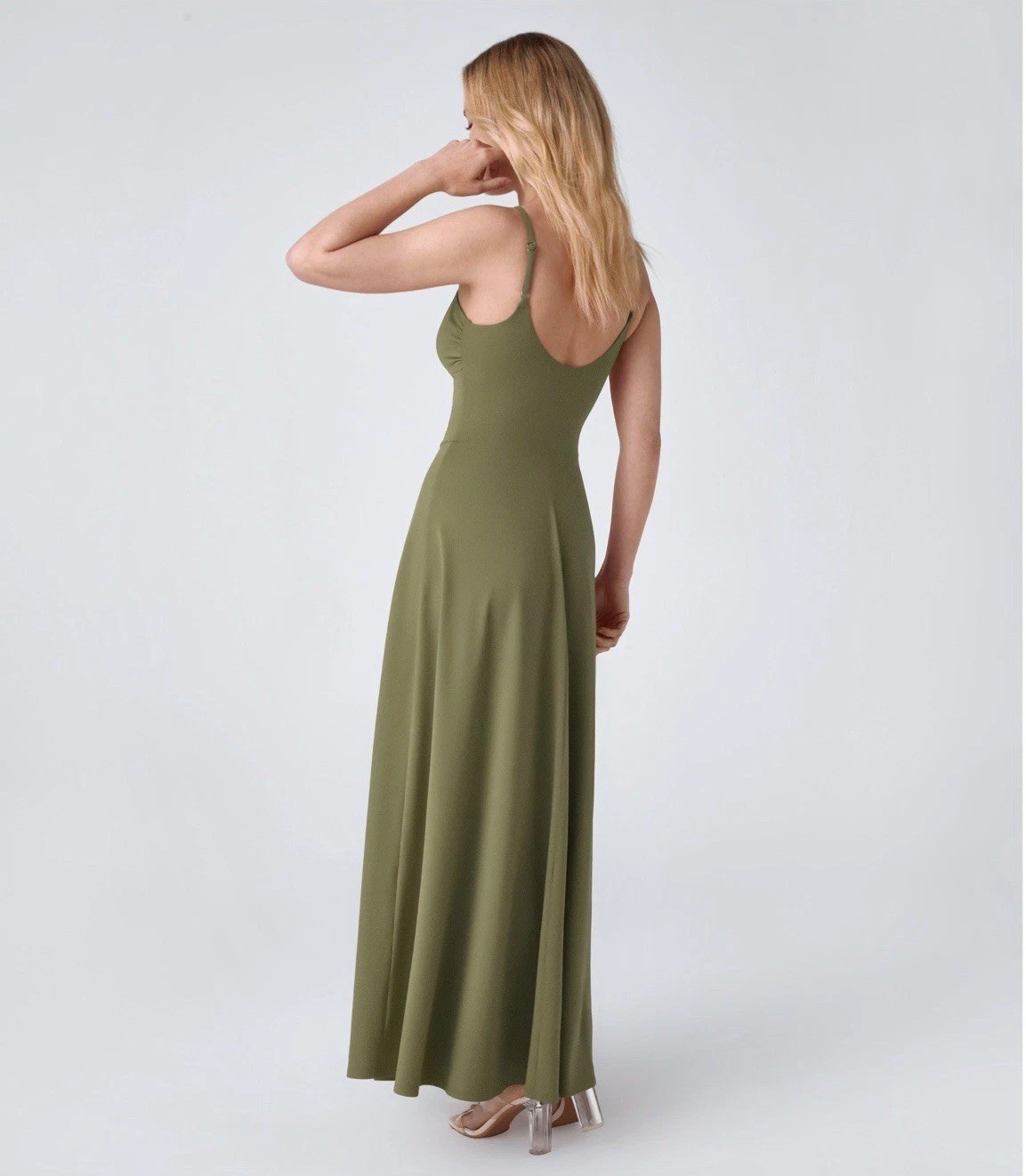 Halara Women’s Olive Green Twist Front U Back Flowy Maxi Dress Sz L 10 12