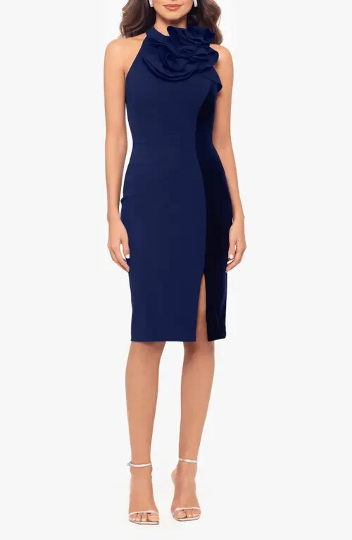 Betsy & Adam Navy Blue Rosette Velvet Stripe Sheath Dress Size 4 $269
