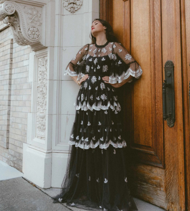 Needle & Thread Amber Petal Embroidered Tiered Lace Dress/Gown Black US 6