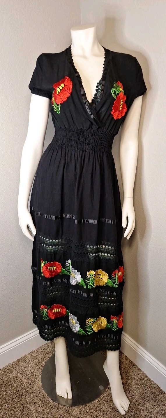 Black Long Mexican Dress Embroidered Colorful Flowers Size S Lace Trim Mexico