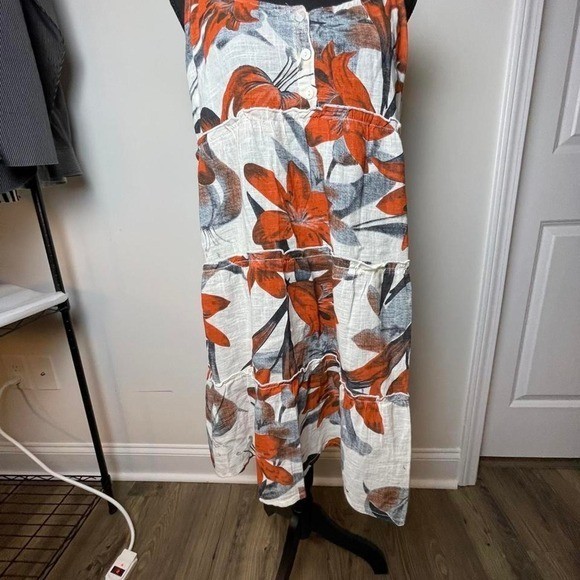 Millennium orange, gray/white floral cotton dress with adjustable straps, size L