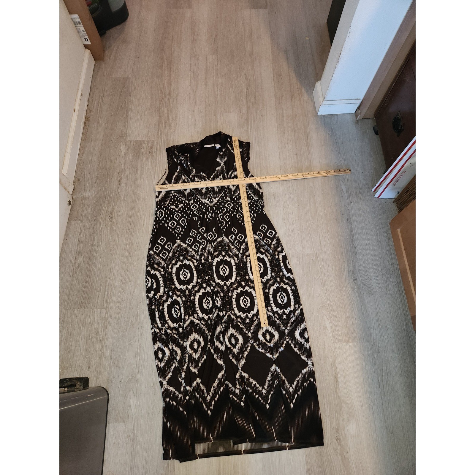 Chicos Brown Ikat Print V-Neck Sleeveless Maxi Dress XL Bohemian chic vacation