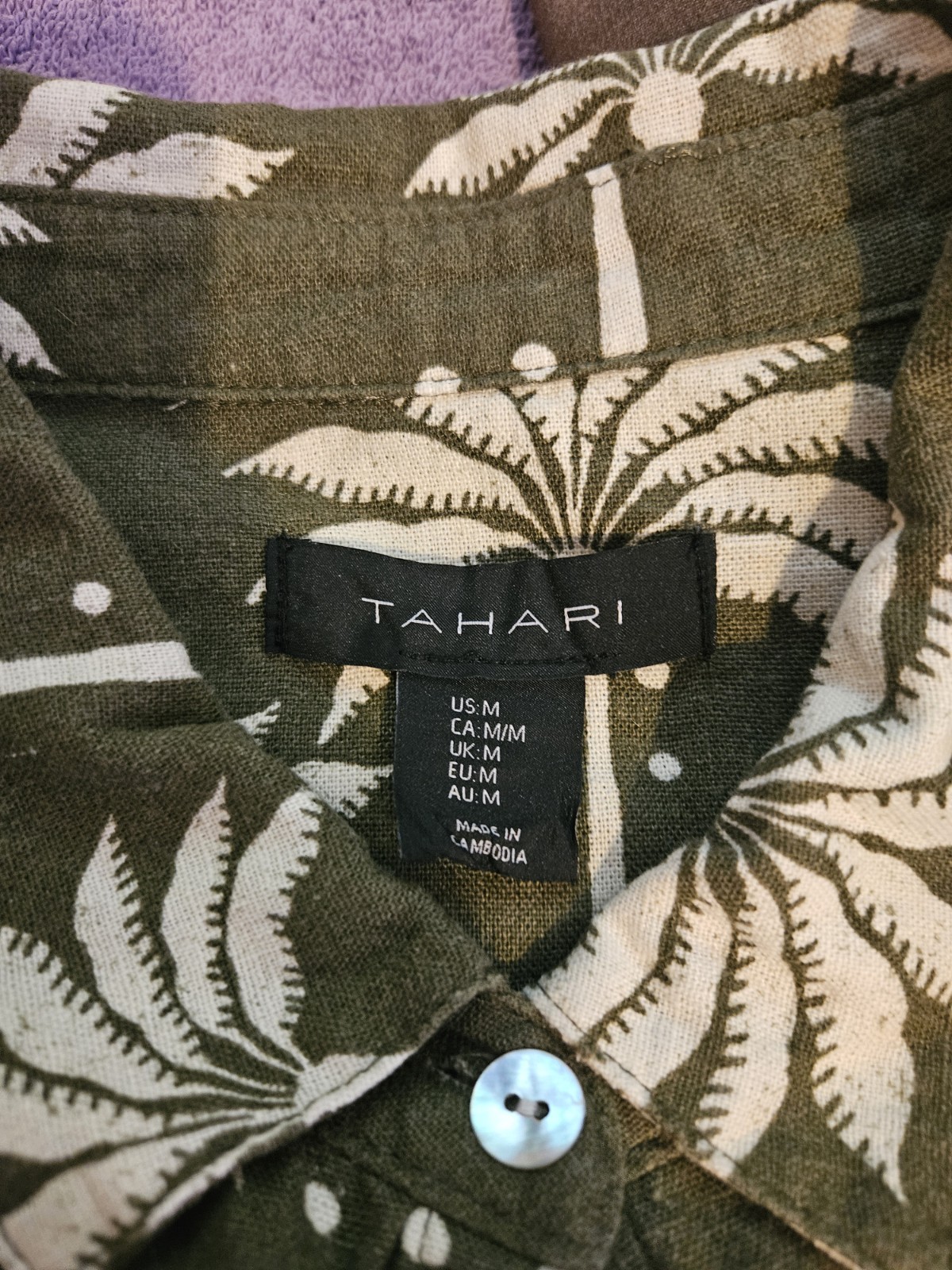 Tahari Olive Palm-Print Button-Front Midi Dress Belt Dress