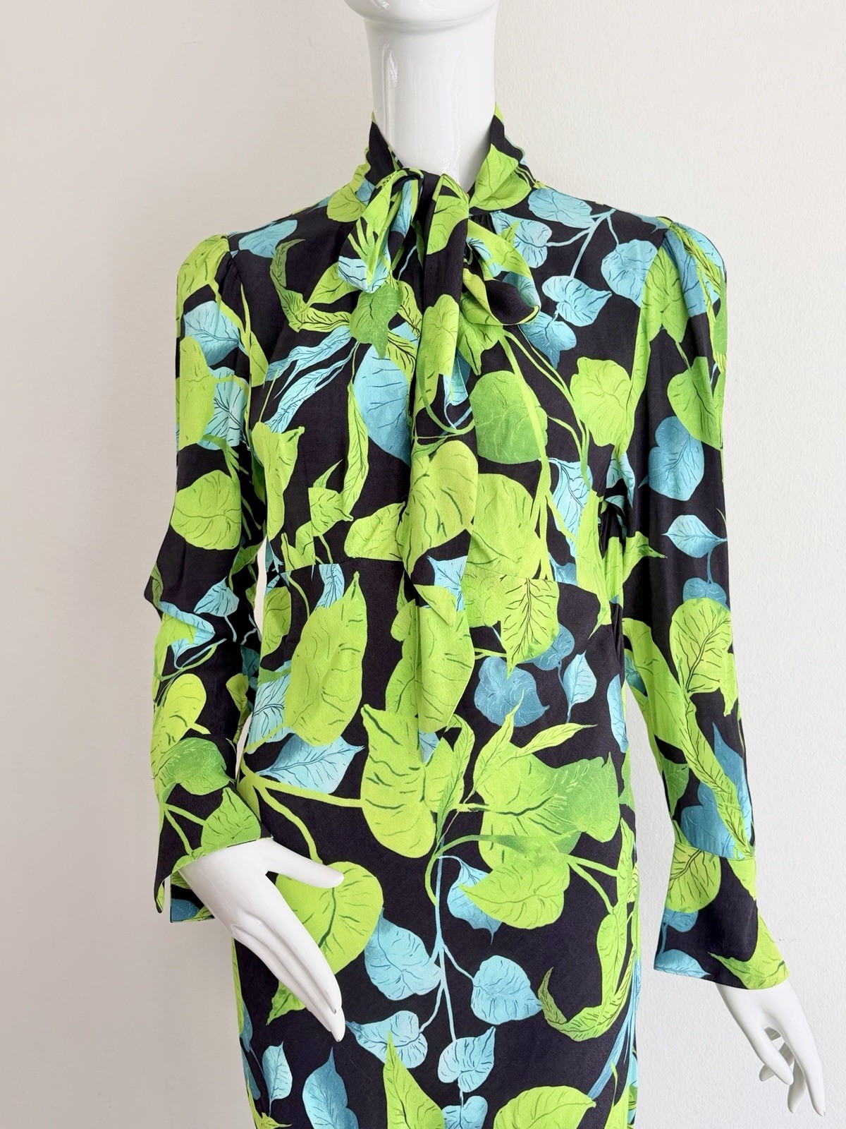 Husk Maxi Dress Green Black Leaf Rare Print Long Sleeve Pussy Bow Size AU 8 S
