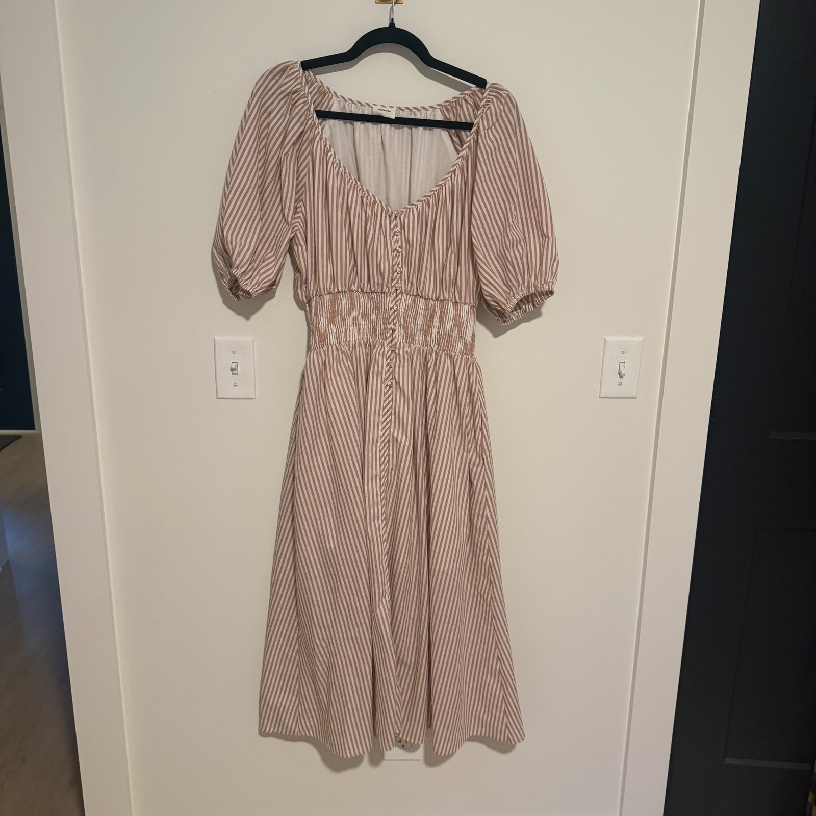 Aureum Tan White Striped Cotton Midi Dress Smocked Waist Puff Sleeve Small
