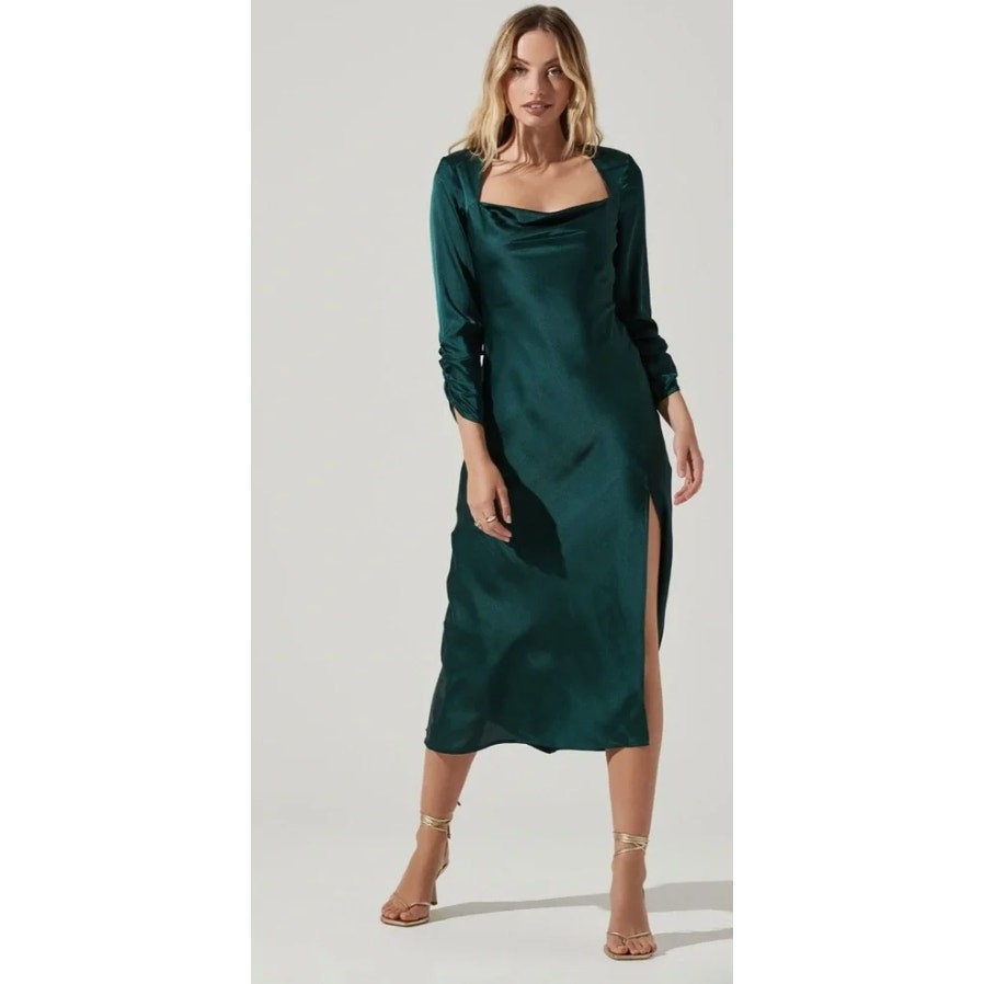 ASTR The Label Gracie Hunter Green Satin Open Back Midi Dress Size S