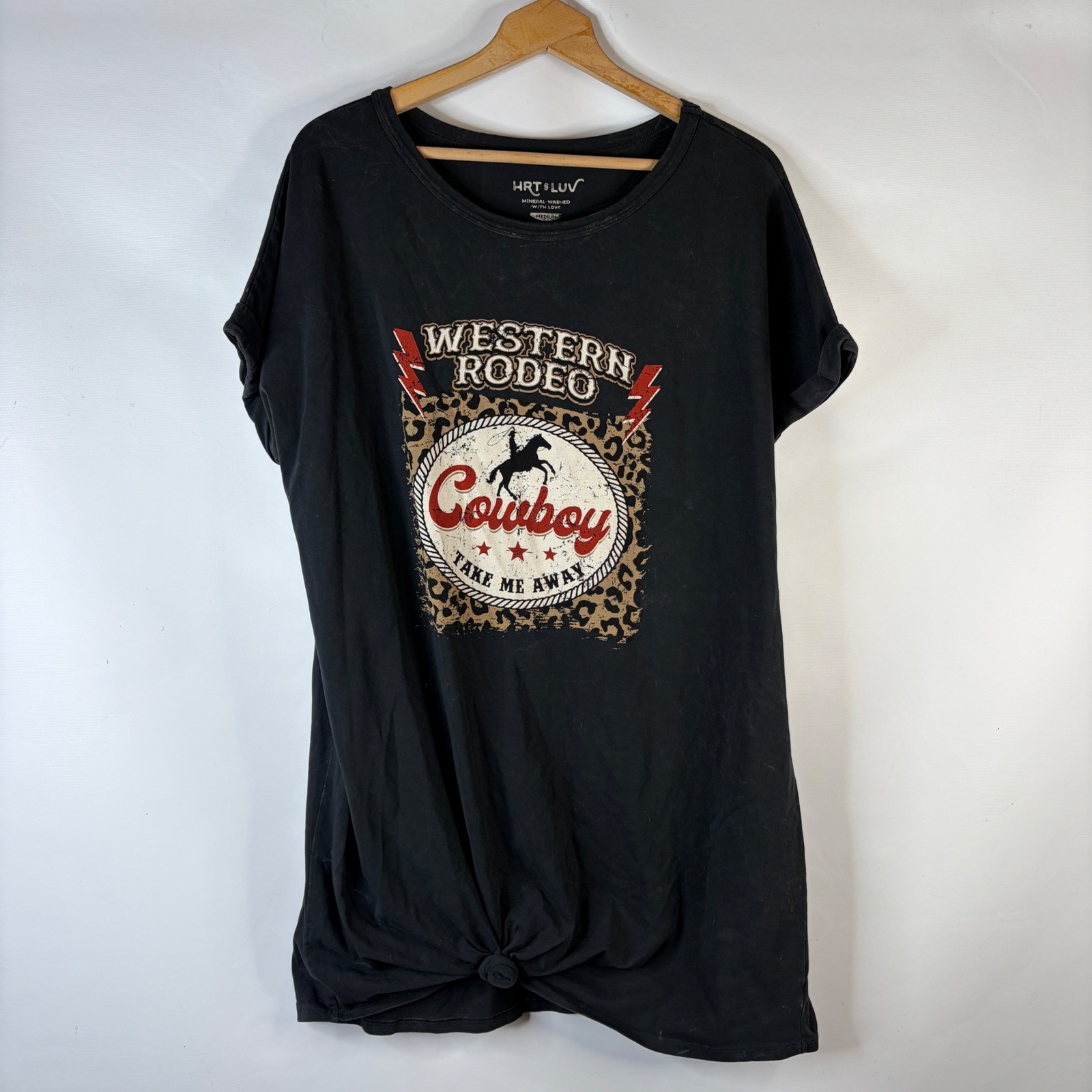 HRT & LUV T-Shirt Dress Womens Medium Black Western Rodeo Cowboy Knot Hem