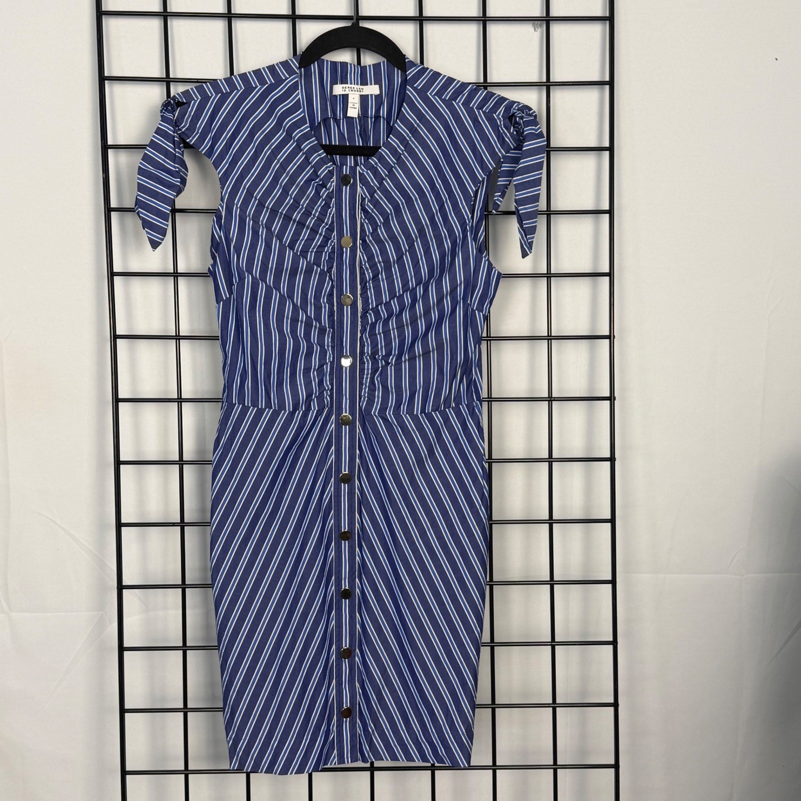 Derek Lam 10 Crosby Sheath Dress Womens 4 Blue Striped Button Front Tie Sleeve