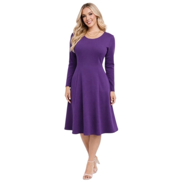 Pretty Garden Purple Fit Flare Midi Dress Long Sleeve Women Medium