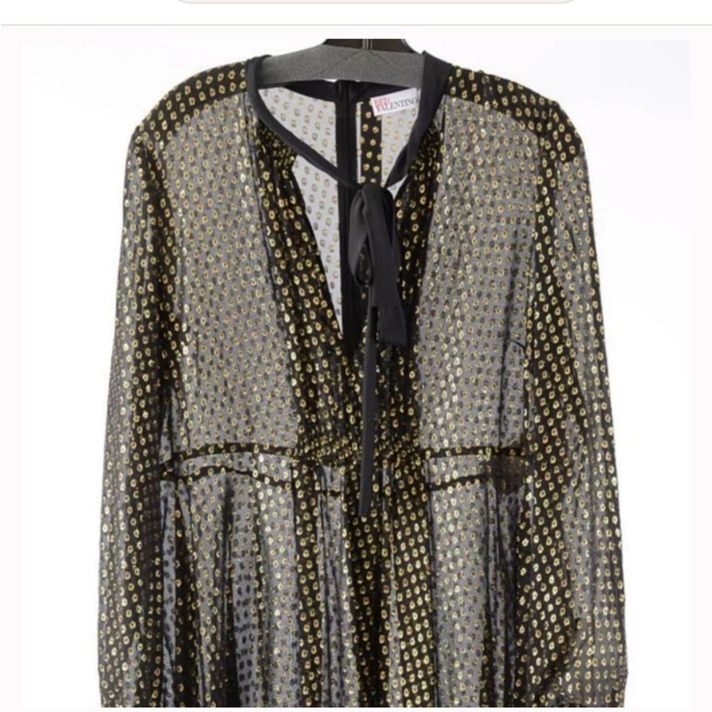 RED Valentino Black and Gold Bishop Sleeve cocktail dress pussybow