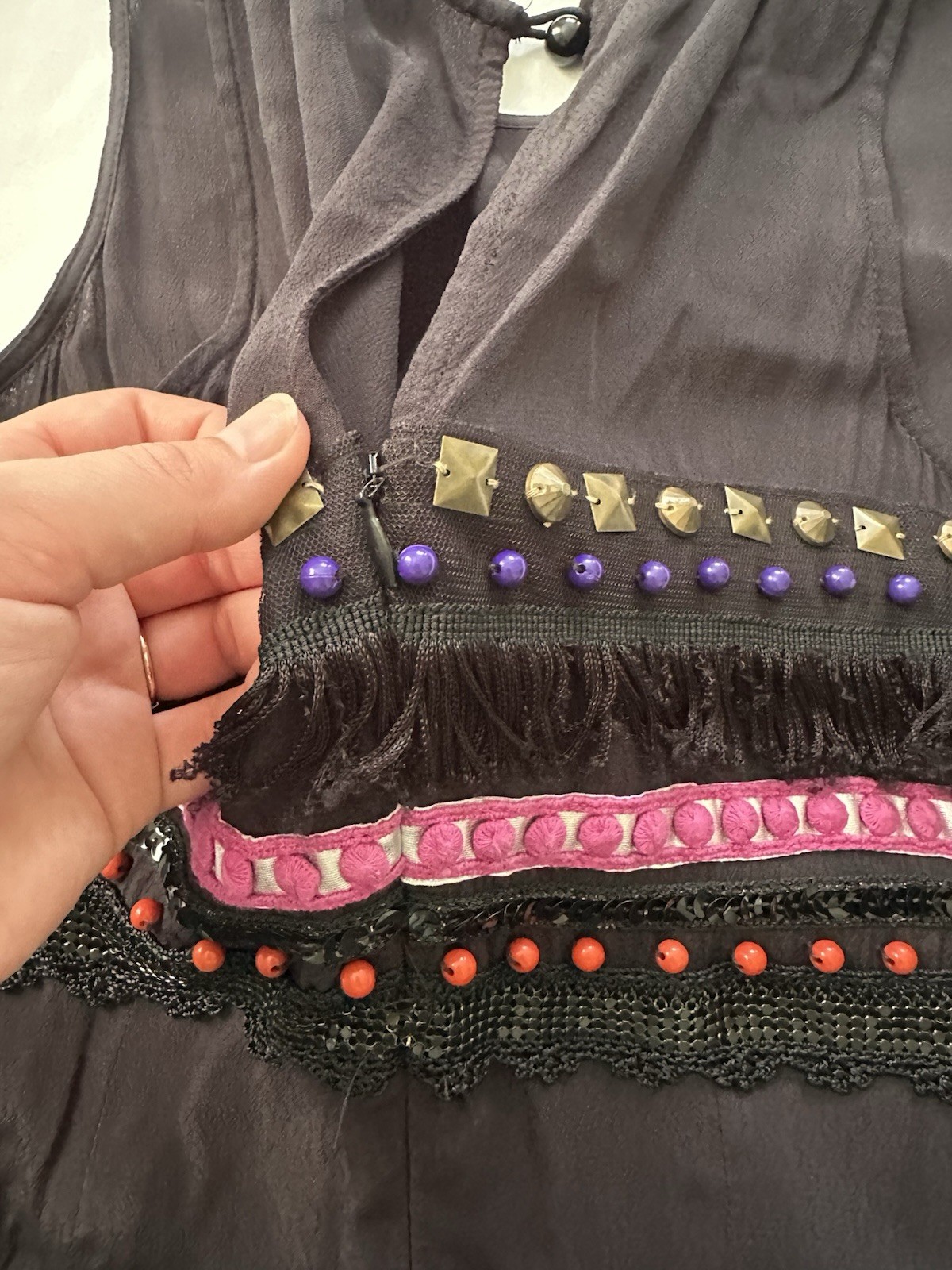 Plenty Size 2 Black Shift Mini Dress Pink Purple Beaded Fringe Studs