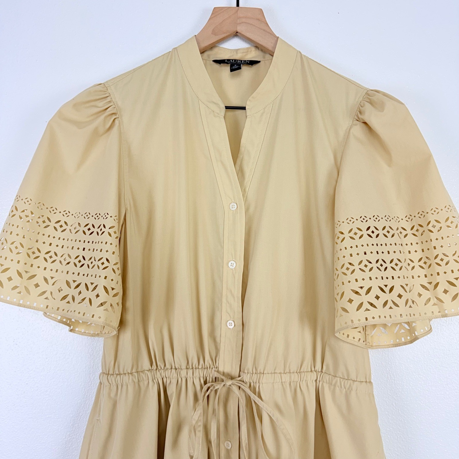 Lauren Ralph Lauren Eyelet Laser Cut Poplin Midi Dress Size 8 Beige Feminine