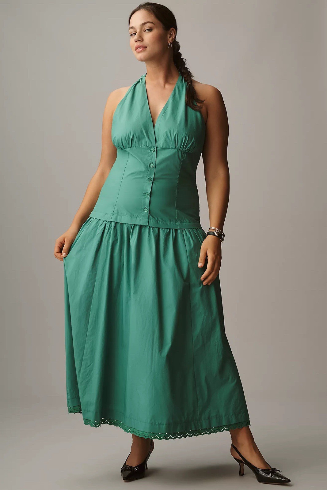 NWT! Anthropologie Maeve Halter V-Neck Drop-Waist Midi Dress Clove/Green Medium