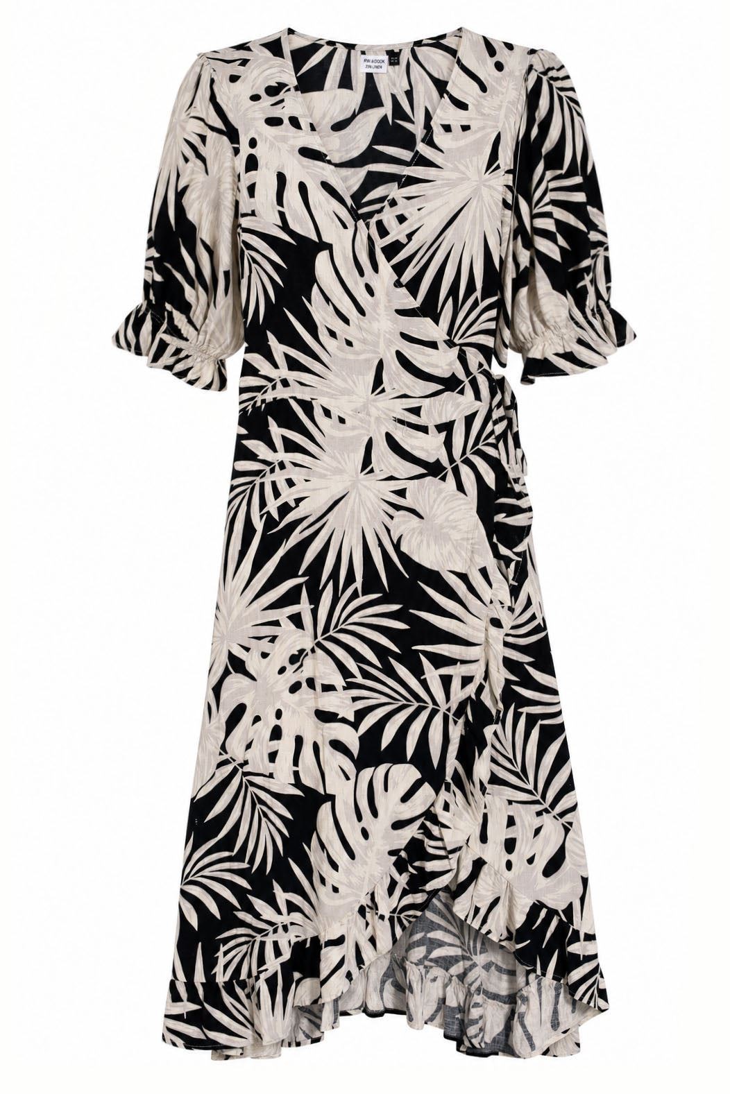 Beige Black Ivory Palm Leaf Summer Wrap Dress