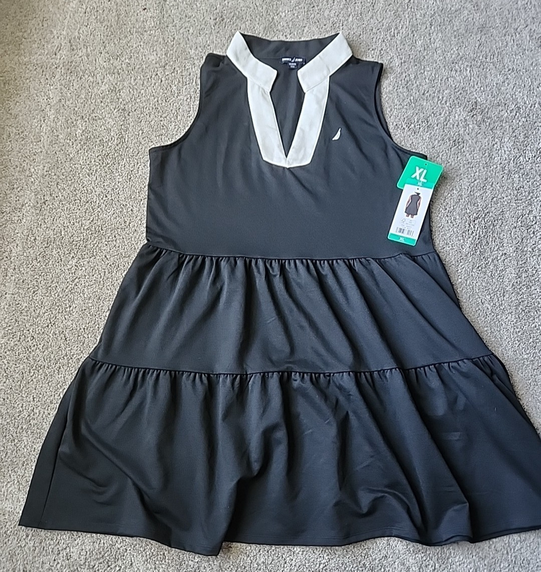 NWT Nautica Sleeveless Black Dress XL White V‑Neck Trim Tiered Hem Preppy XL
