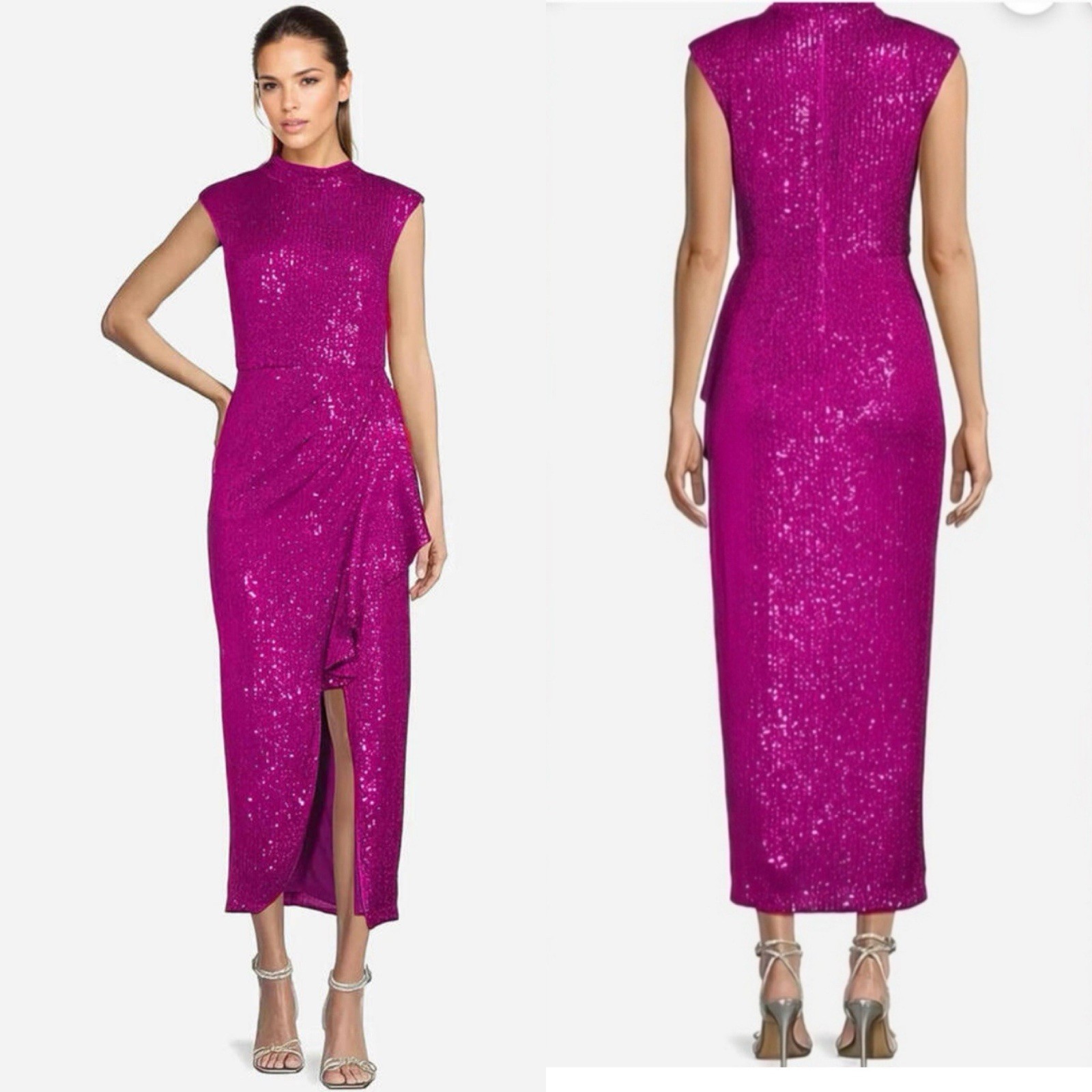 NWT Badgley Mischka Dress Size 12 Sequin Isla Cocktail Dress Pink Fuchsia Prom