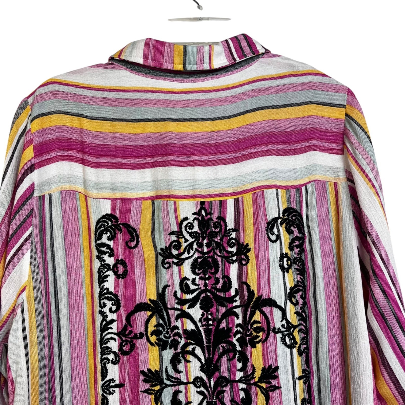 Savanna Jane XL Striped Embroidered Maxi Shirt Dress Pink Yellow Boho M93084