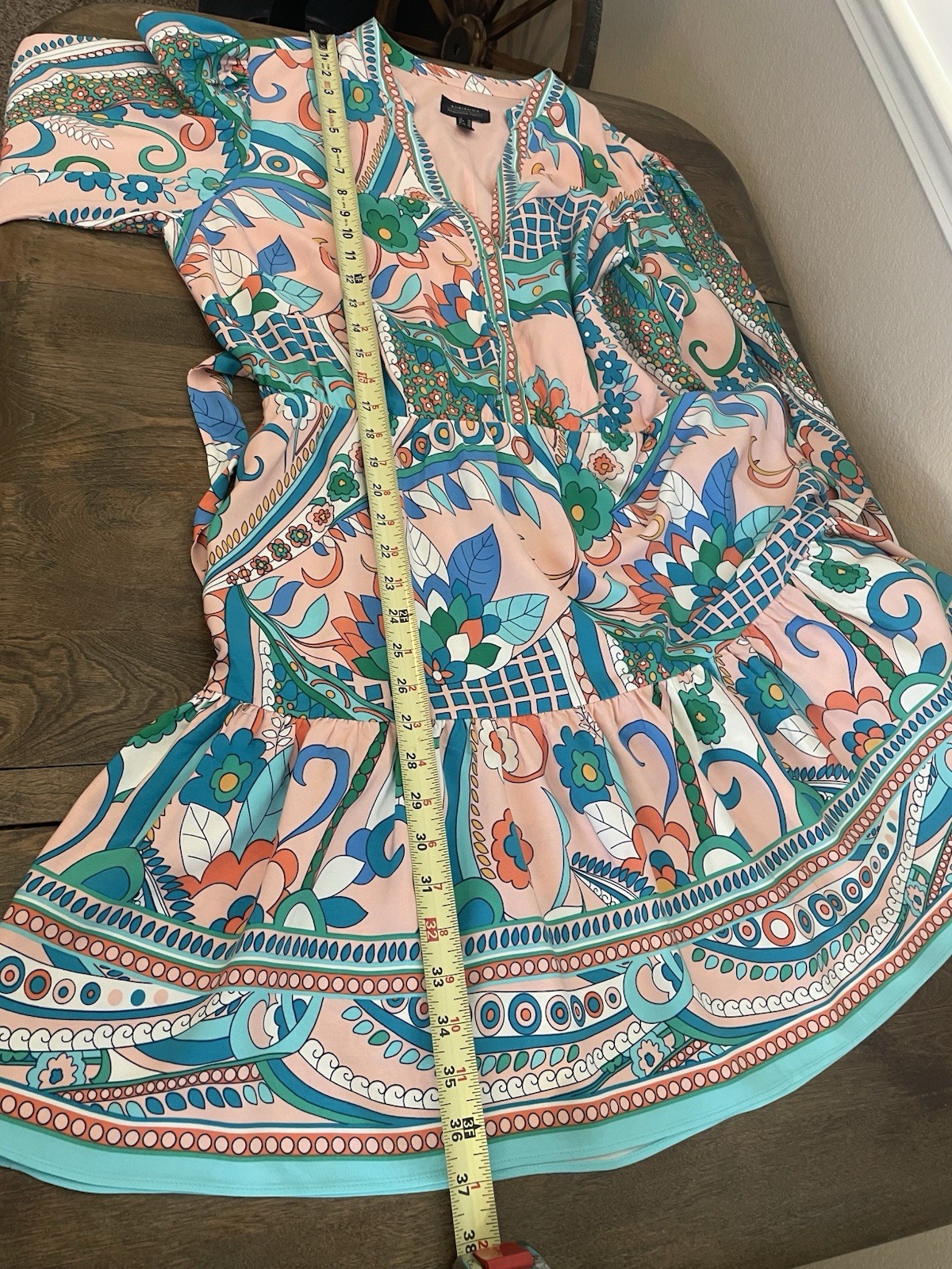 ADRIANNA PAPELL Long Sleeve Retro Print Dress Short Tie Waist Flowy Flouncy 14