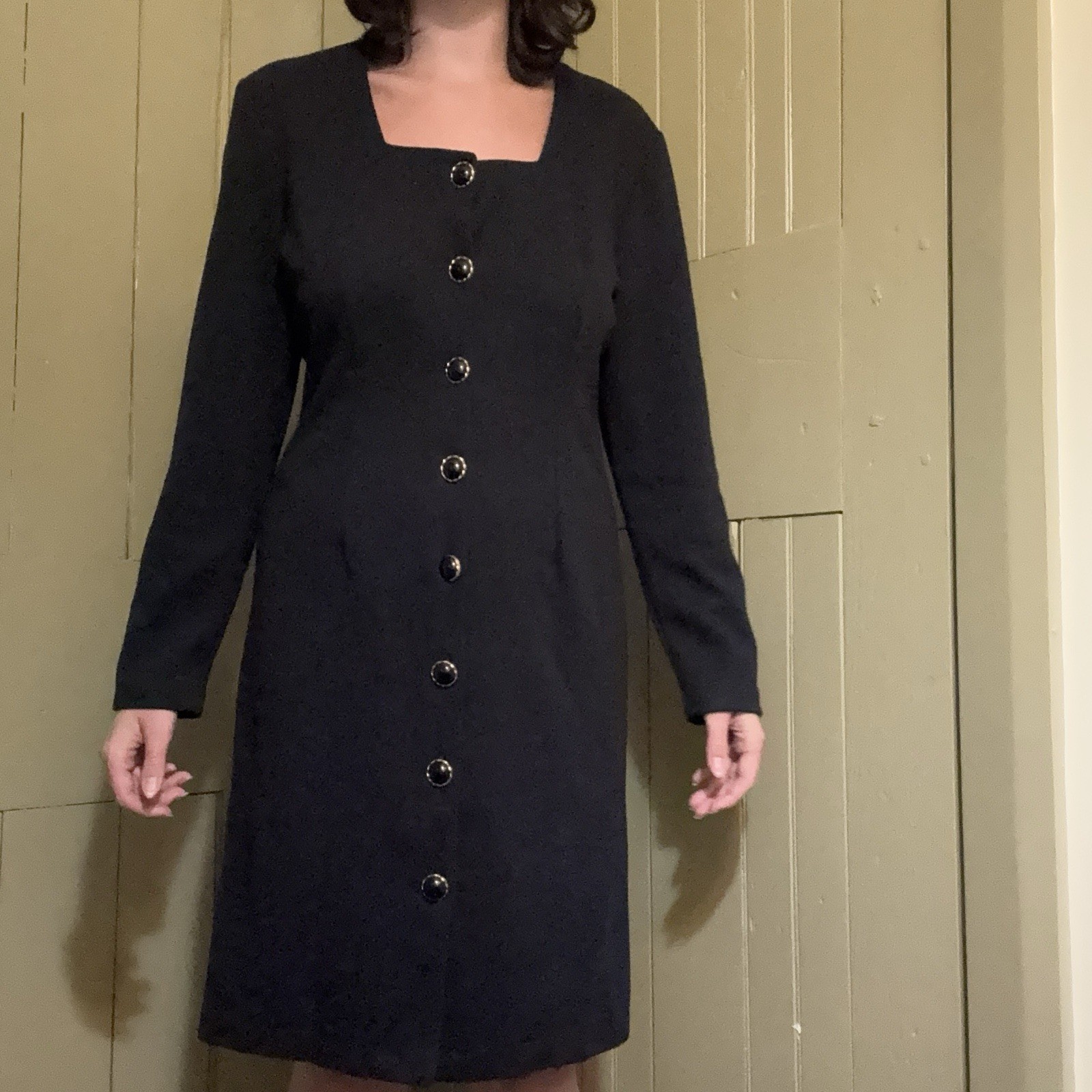 Bedford Fair Black Sheath Dress Square Neck Long Sleeve Button Front Size 8