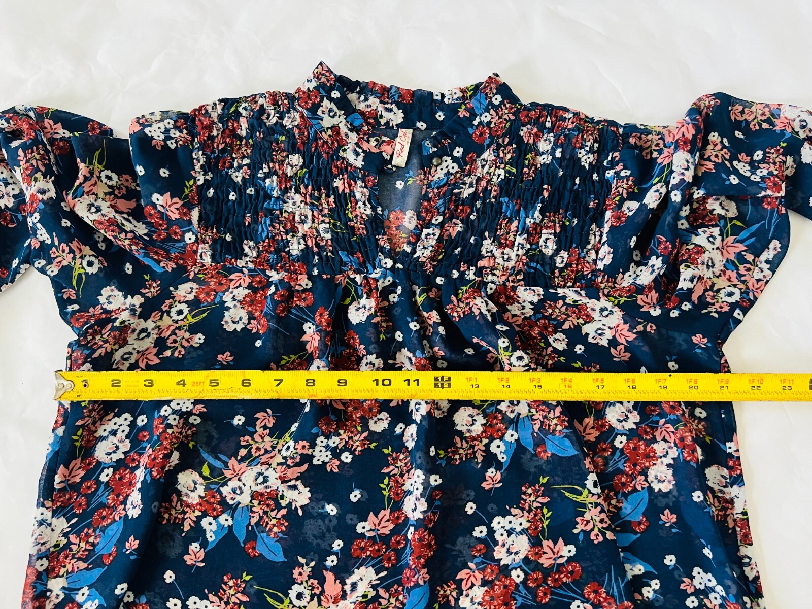 Red Camel Womens Top Large Multicolor Floral Pleated Button Loop Ruffle Trim
