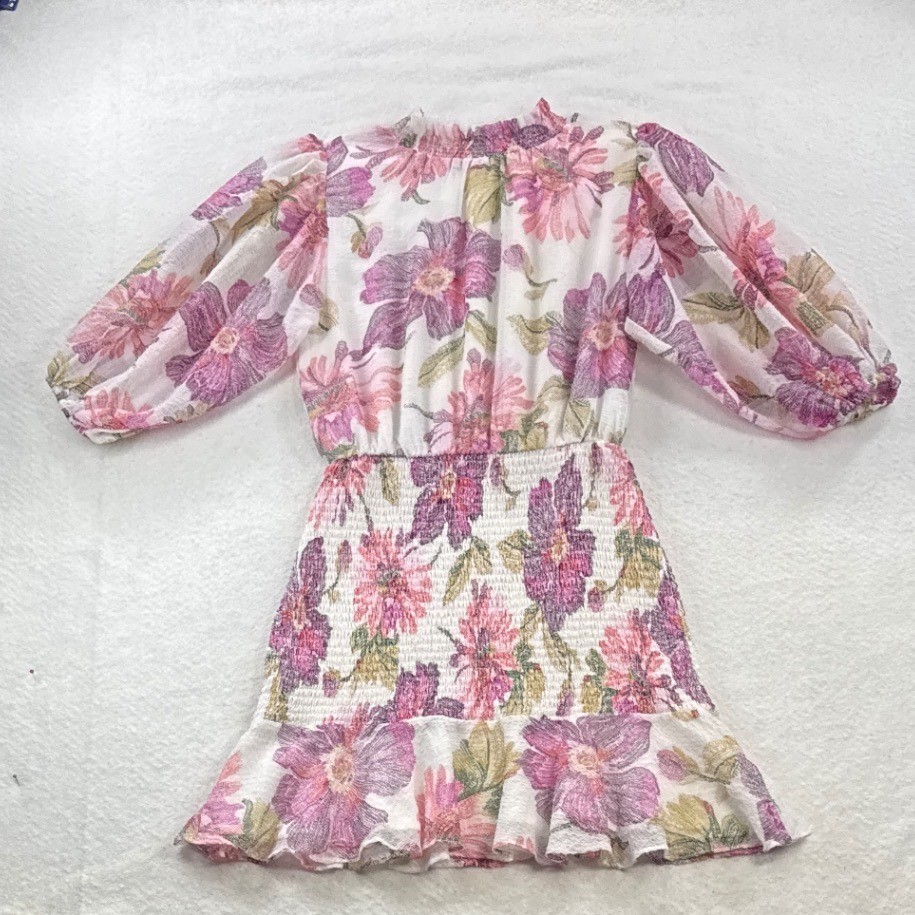 Olivaceous Womens Small Floral Smocked Mini Dress Puff Sleeve Romantic Boho