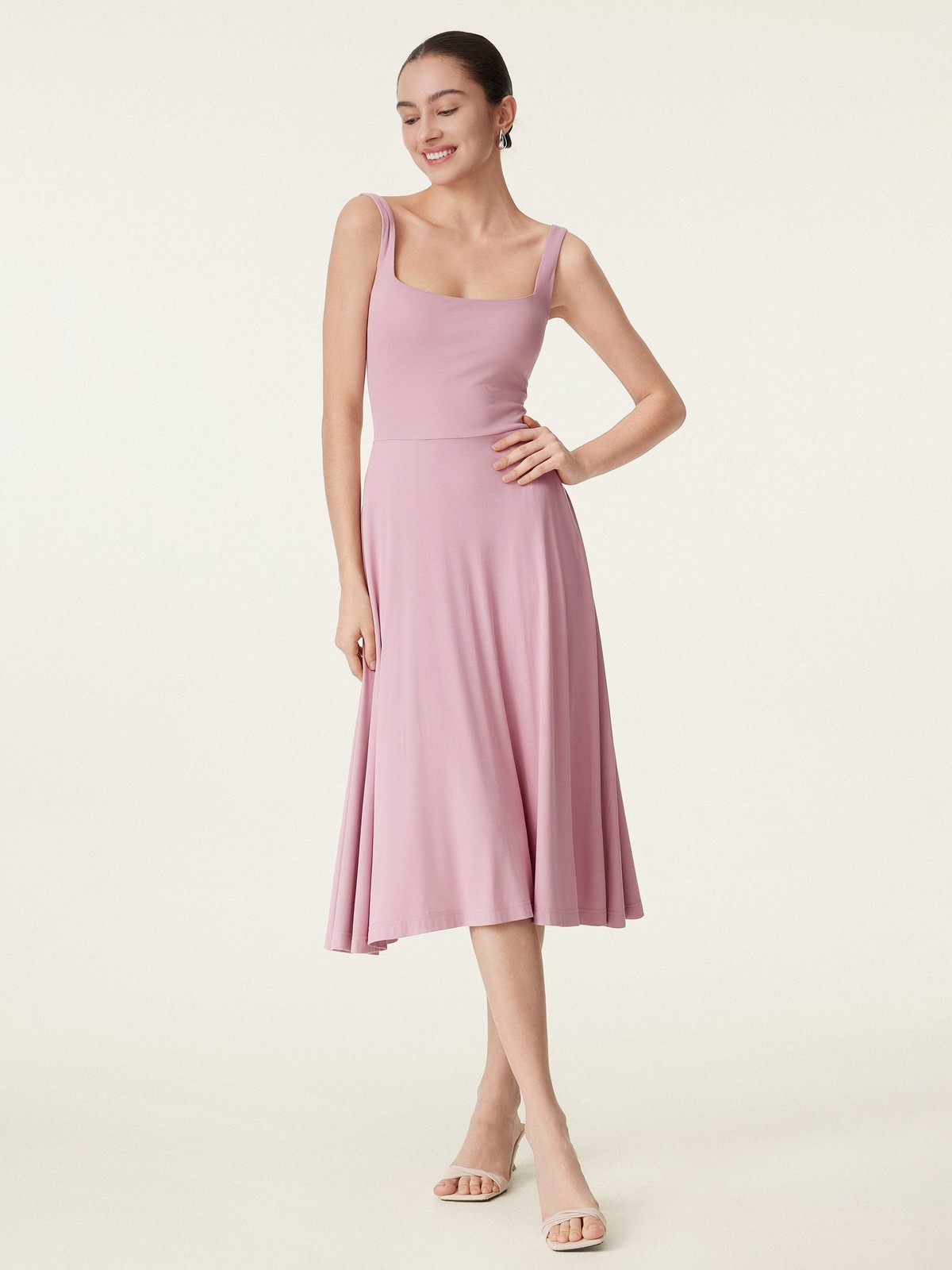 Hot Deal OGLMOVE Square Neck Flowy New Airy Bra Midi Dress
